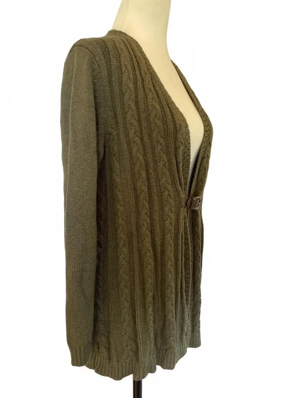 Soft Surroundings Olive Green Belted Cable Knit Cardigan Sweater Small Woodland